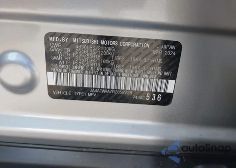 2024 Mitsubishi Eclipse Cross Se/Sel из США, поврежденный, VIN JA4ATWAA7RZ058728